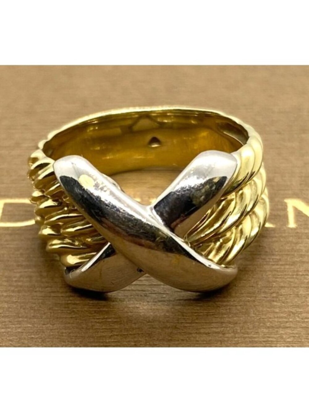 David Yurman 14K White and Yellow Gold Triple Cable X Ring Size 6.5